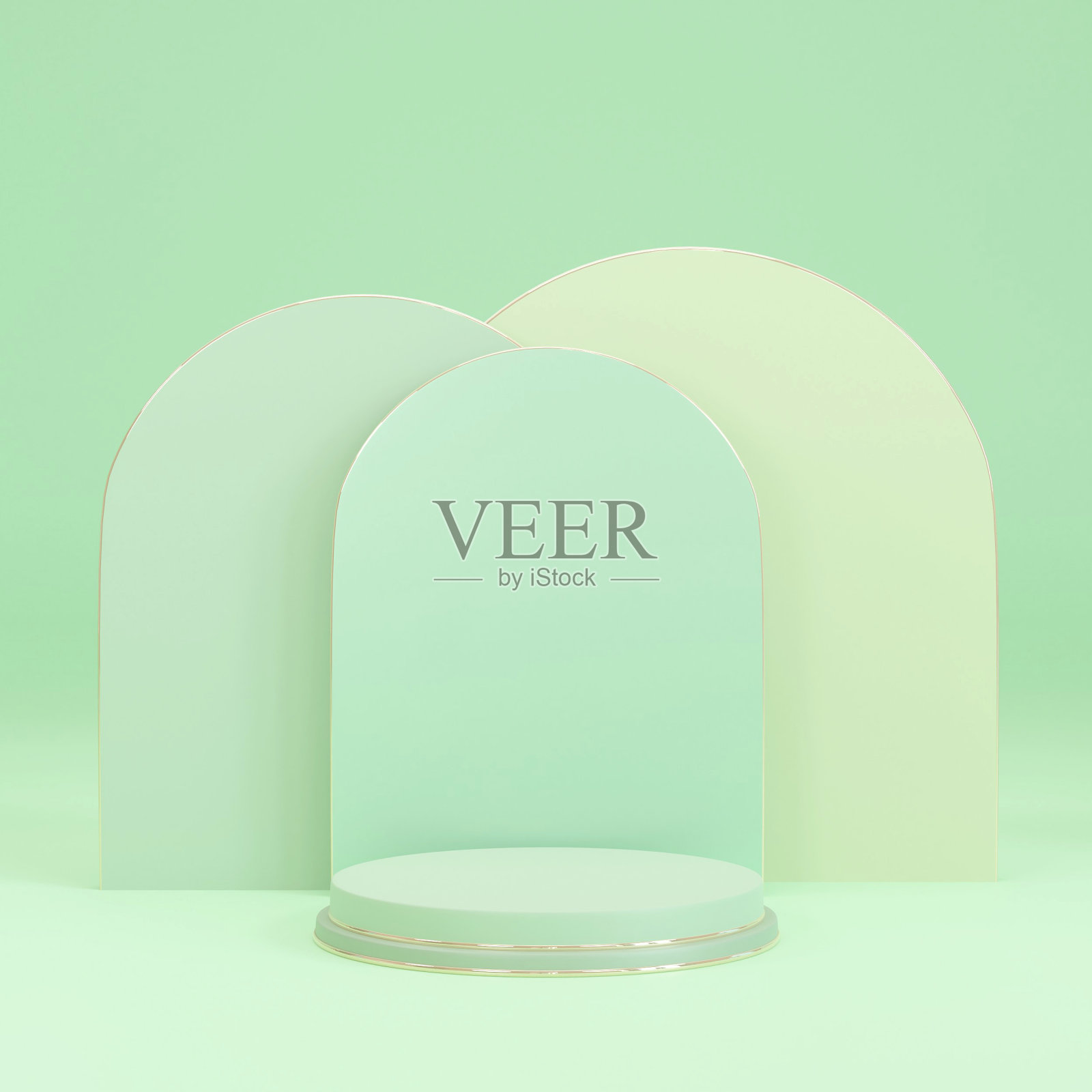 绿色圆柱基座基座与拱形背景。抽象的粉彩绿色。三维渲染照片摄影图片