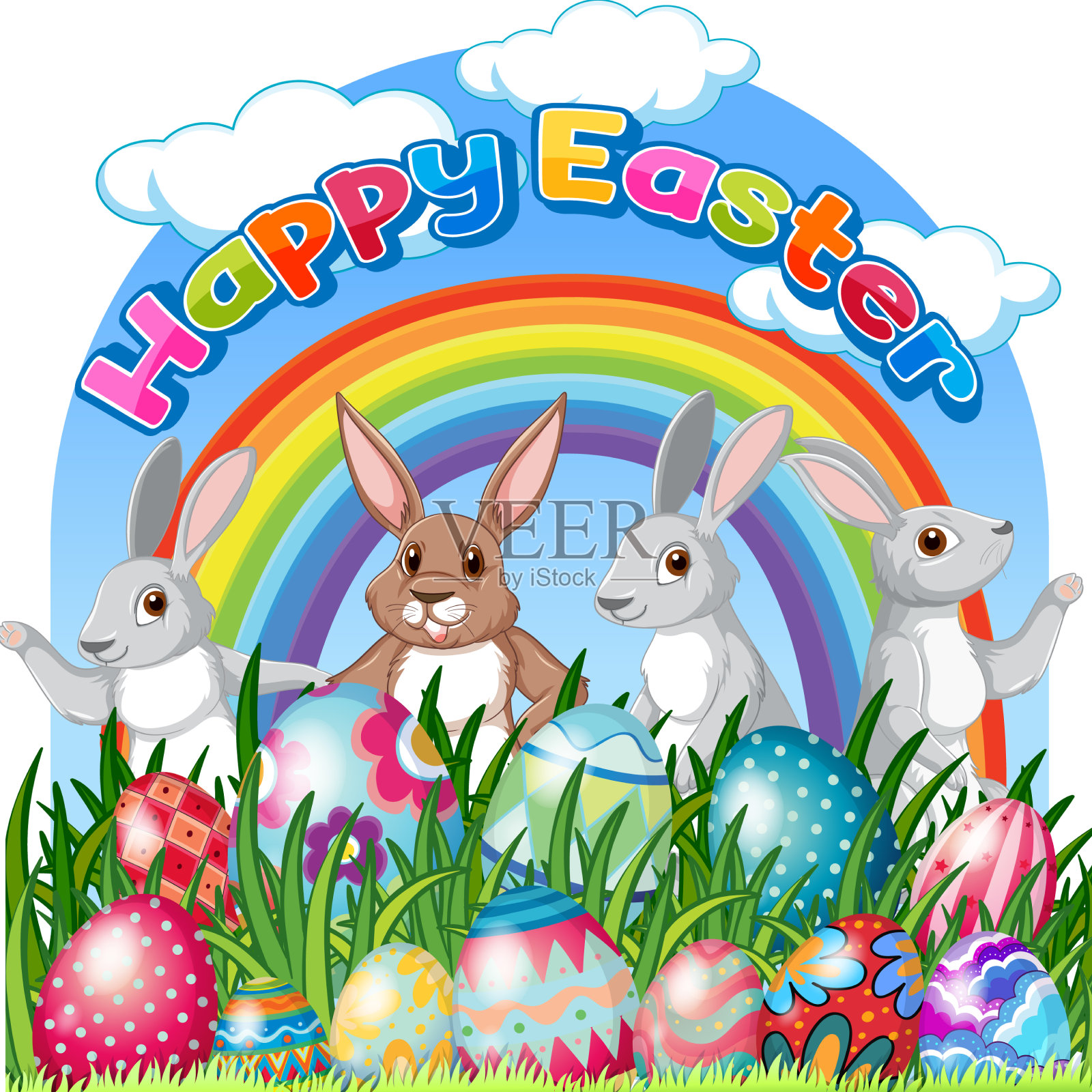 复活节快乐海报与兔子和五颜六色设计元素图片