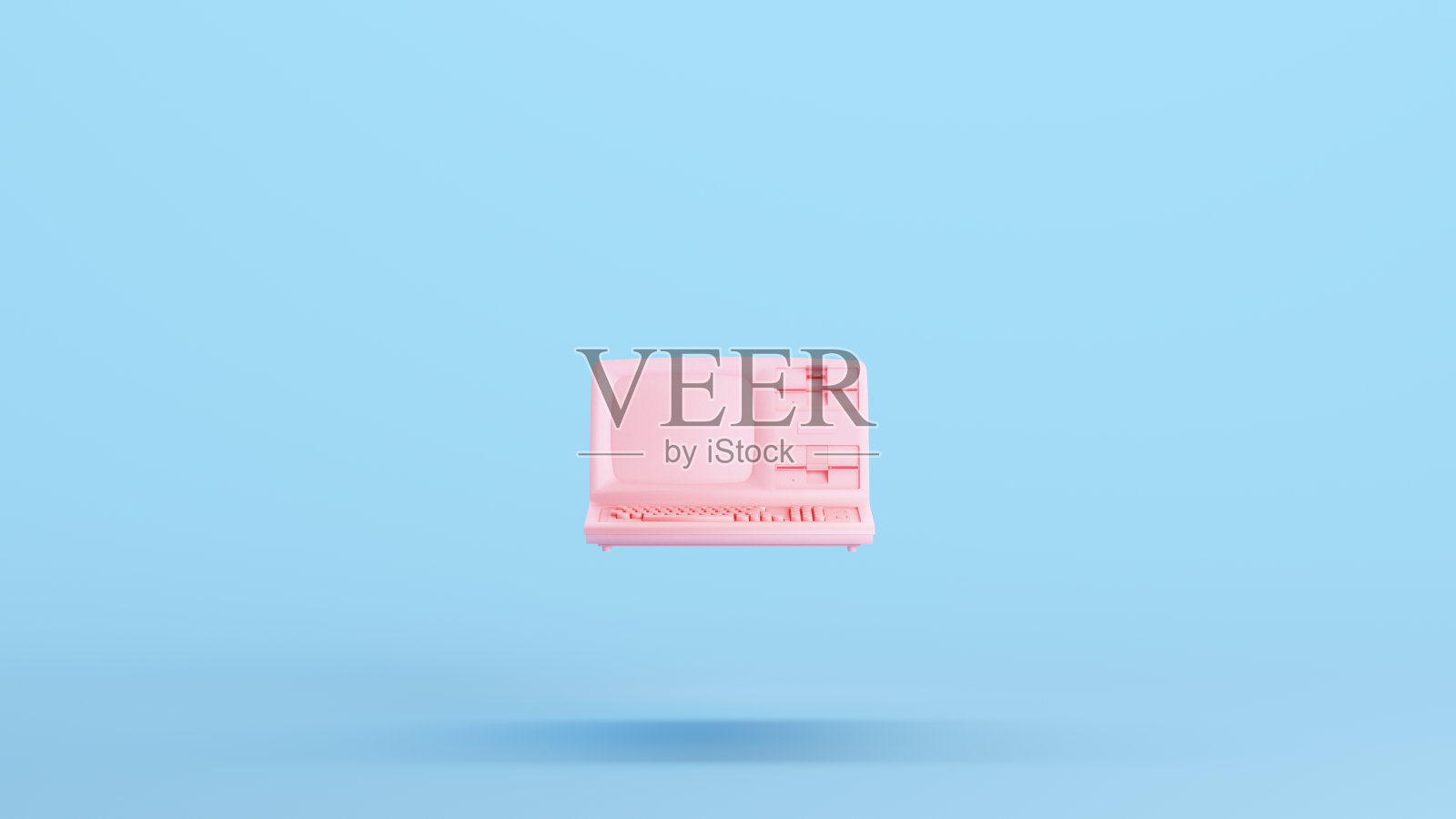 粉色电脑复古硬件磁盘键盘旧桌面系统屏幕媚俗蓝色背景照片摄影图片