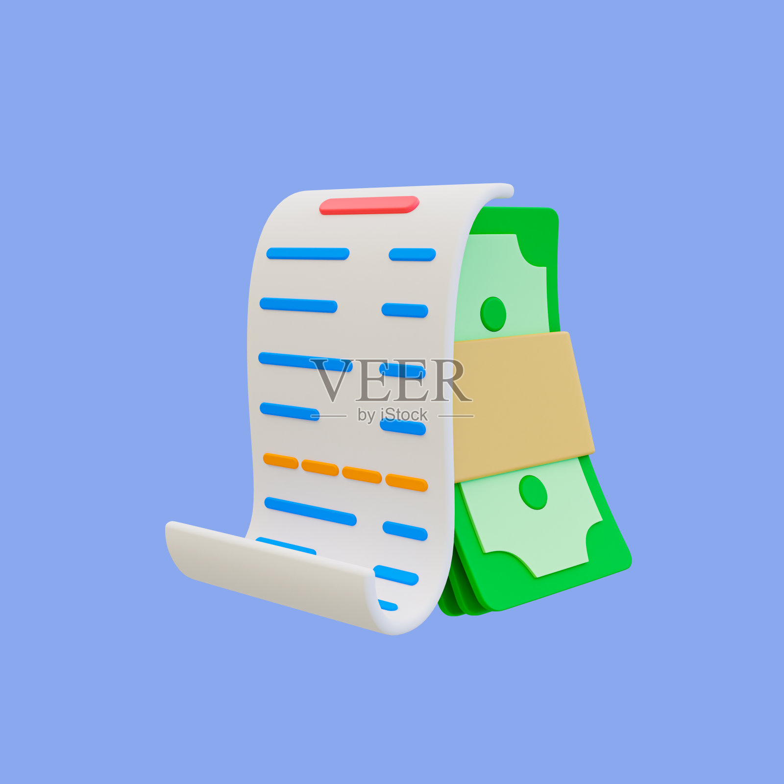 3d最小杂货结账。购物支付概念。flash出售。有一叠钞票的收据。3d渲染插图，剪辑路径包括在内。照片摄影图片