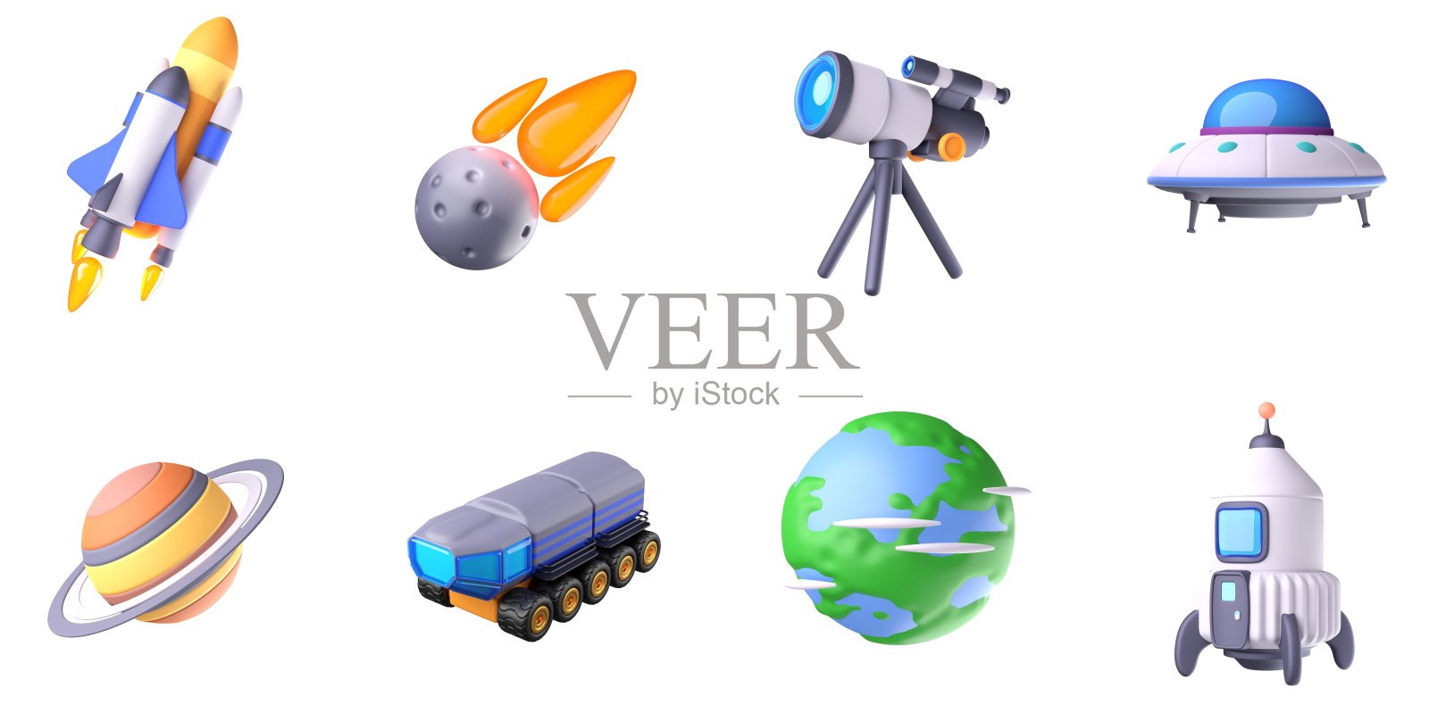 三维空间图标集火箭航天飞机坠落的彗星UFO地球月球探测器望远镜空间轨道天文卫星宇宙空间观测用户界面图标Web设计元素三维渲染插图照片摄影图片