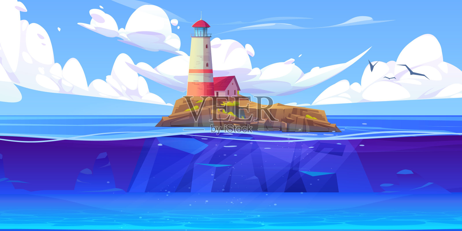 岩石岛上的灯塔。海洋矢量景观插画图片素材