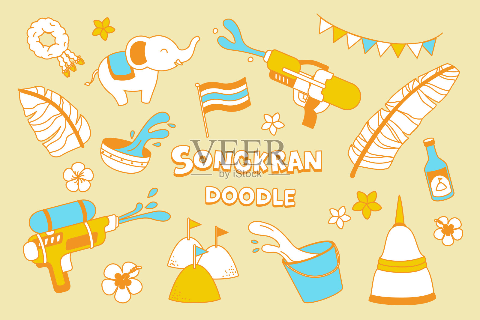 泰国的泼水节。泰国水节的涂鸦风格。插画图片素材