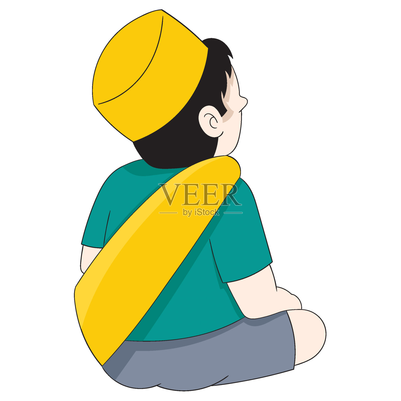 一个男孩坐在那里等待着伊斯兰斋月的开斋时间插画图片素材