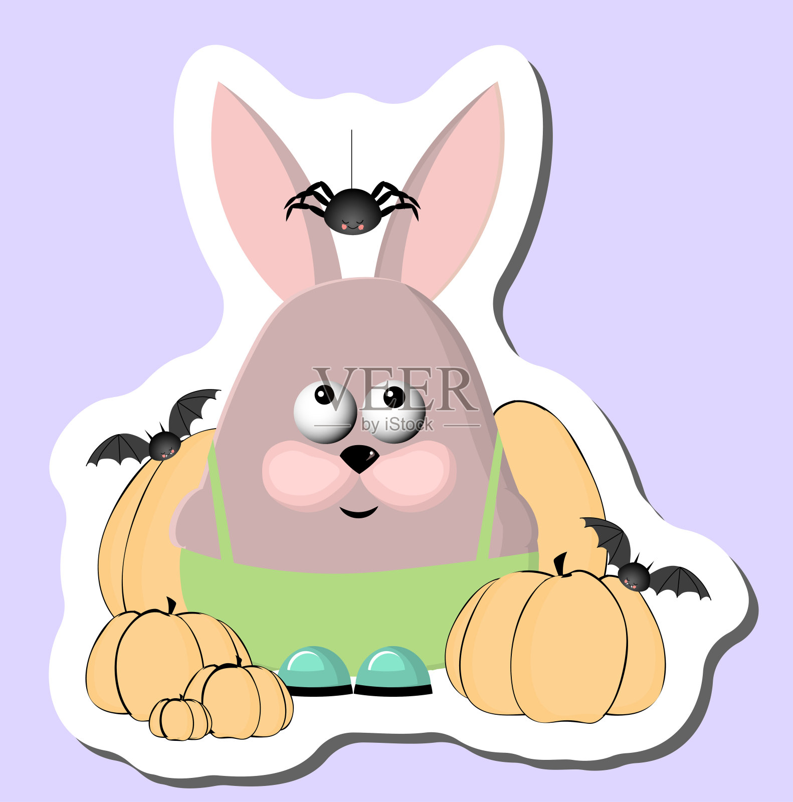 快乐有趣的兔子和南瓜。兔子庆祝万圣节。秋天的贴纸。插画图片素材