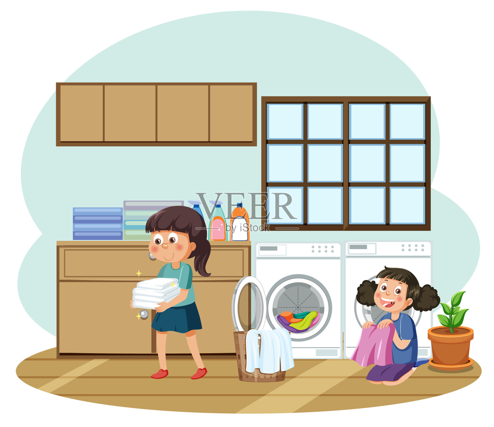 孩子们用洗衣机洗衣服插画图片素材