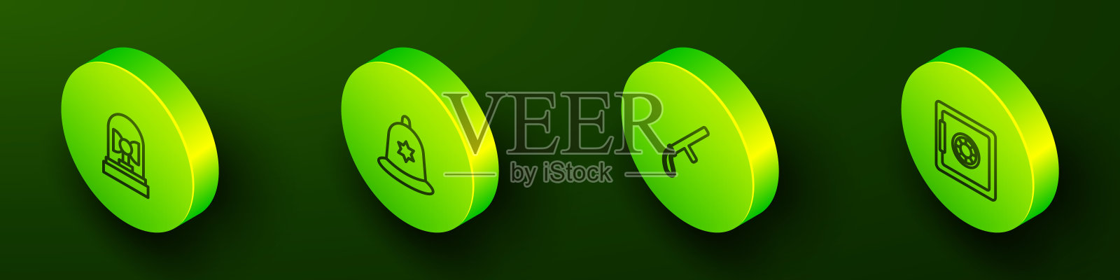 设置等距线闪光警笛，英国警察头盔，警察橡皮棍和安全图标。向量图标素材