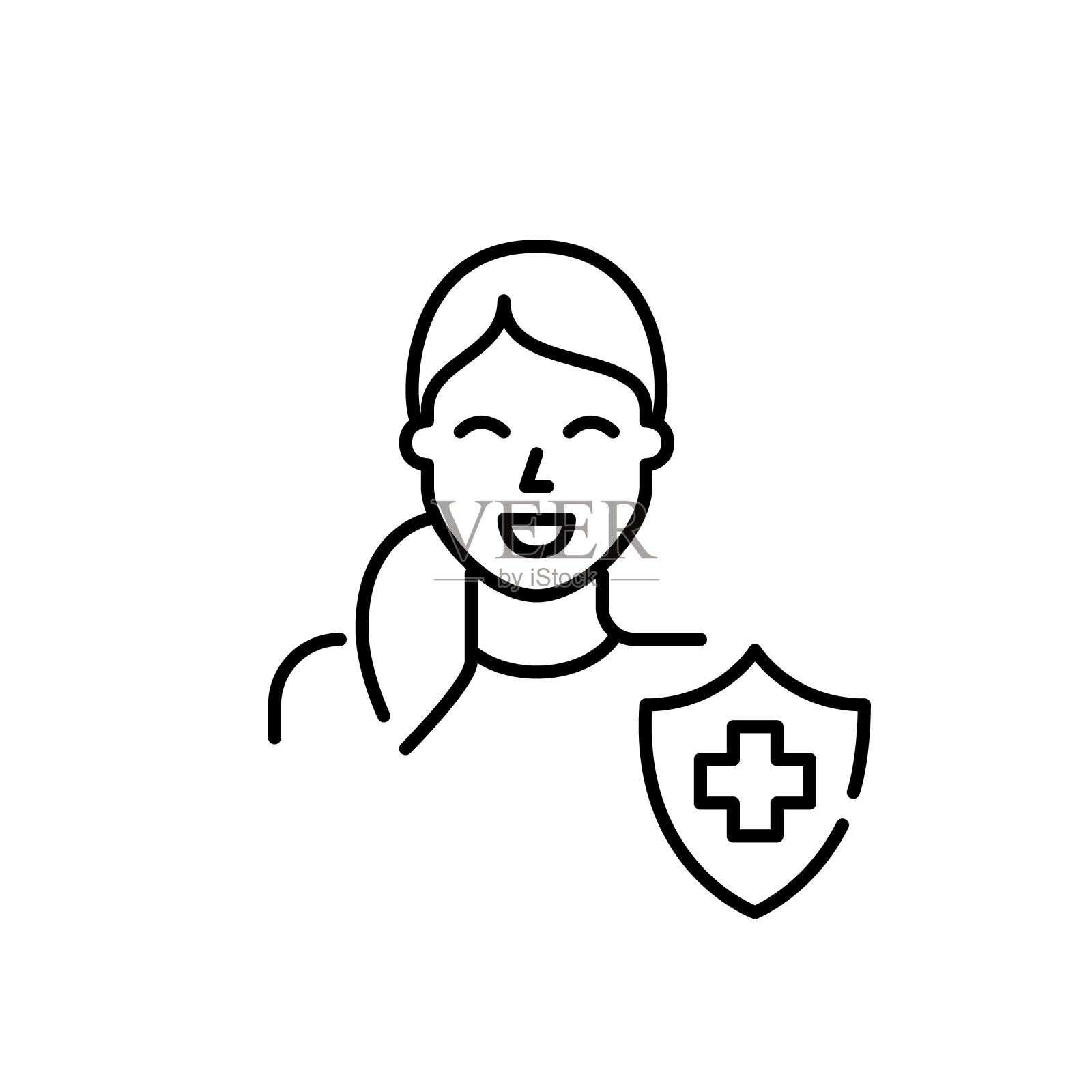 有医疗保险的女人健康计划。像素完美，可编辑的笔画线图标插画图片素材