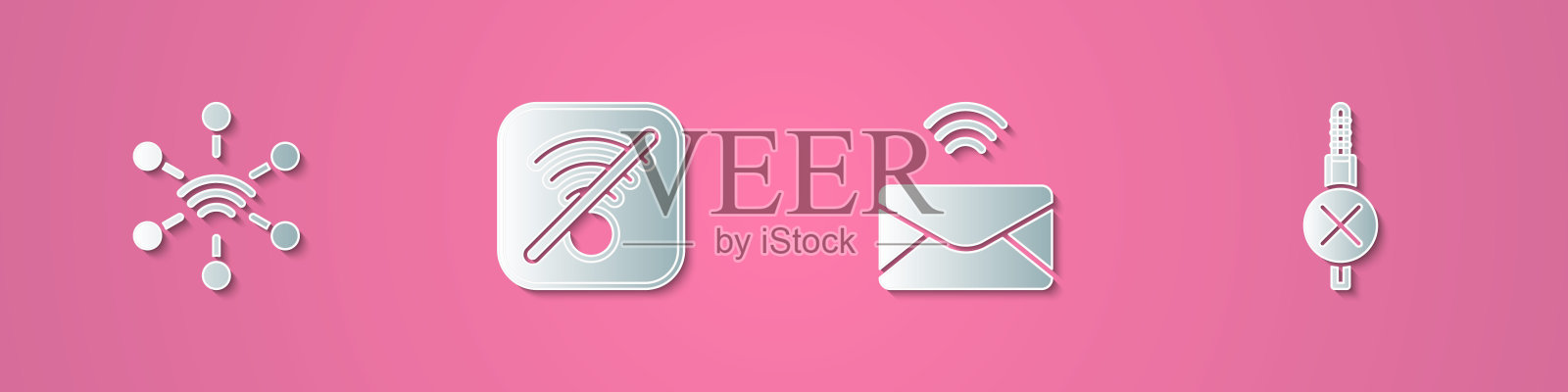 设置剪纸网络，无Wi-Fi无线互联网，邮件和电子邮件和音频插孔图标。纸艺术风格。向量图标素材