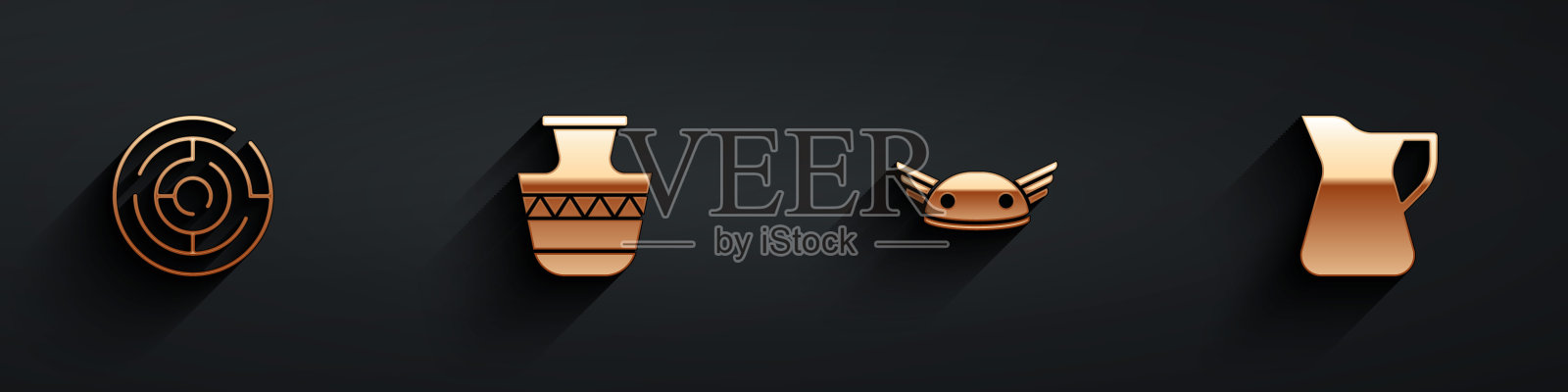 设置牛头怪迷宫，古代双耳罐，头盔与翅膀和瓶橄榄油图标与长影子。向量插画图片素材