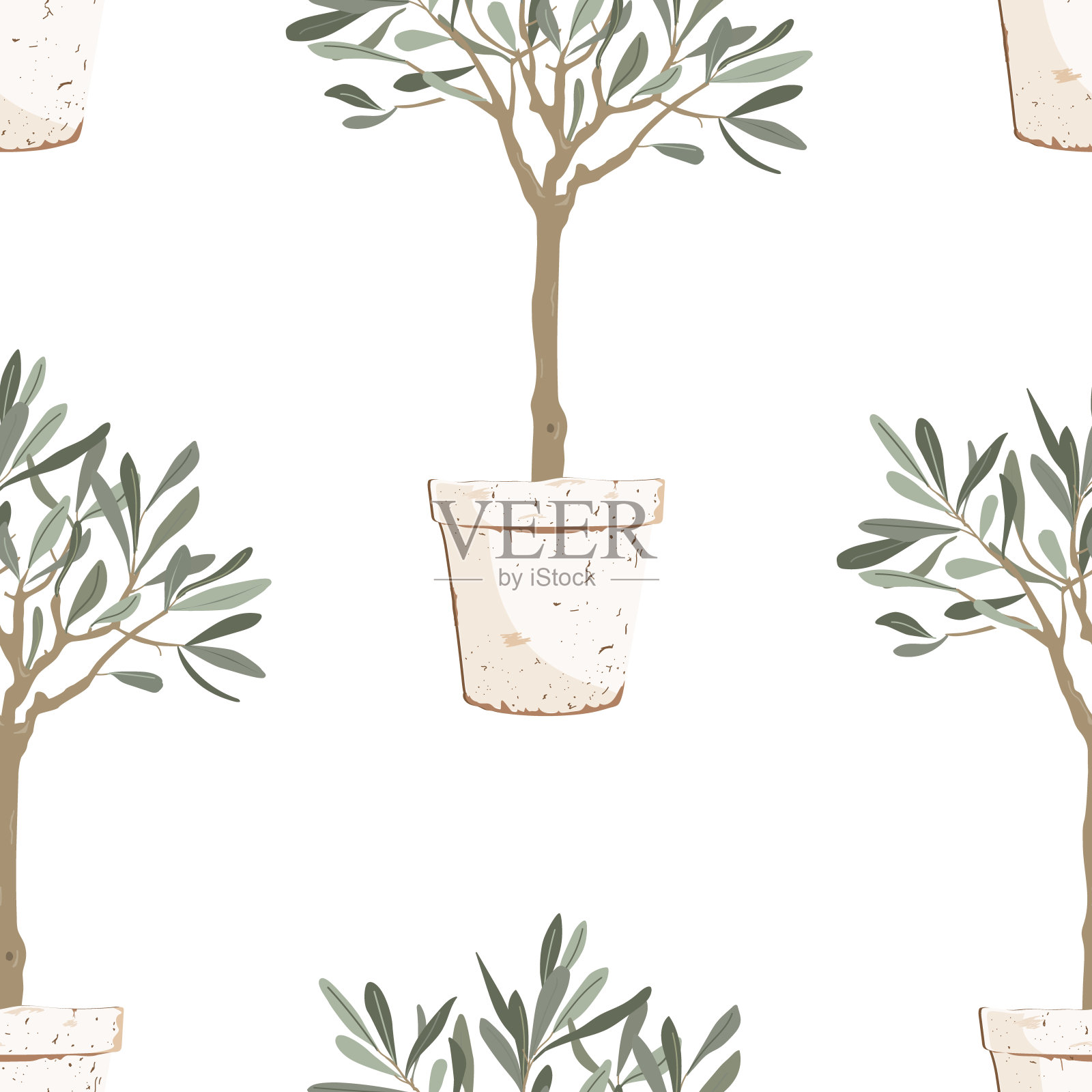 漂亮的小橄榄树盆栽无缝图案。矢量插图。地中海的背景。插画图片素材