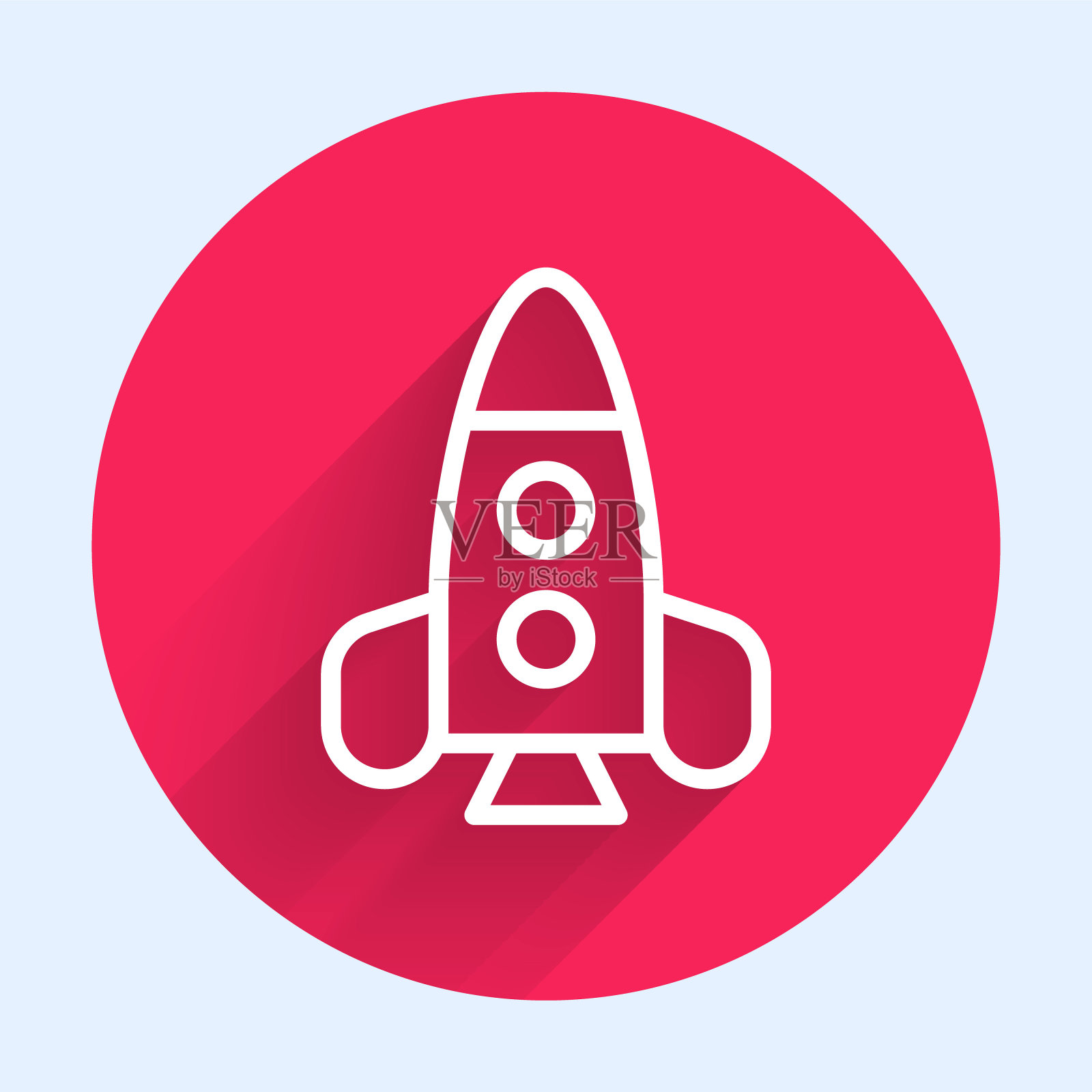 白线火箭飞船玩具图标孤立与长阴影背景。太空旅行。红色圆圈按钮。向量插画图片素材