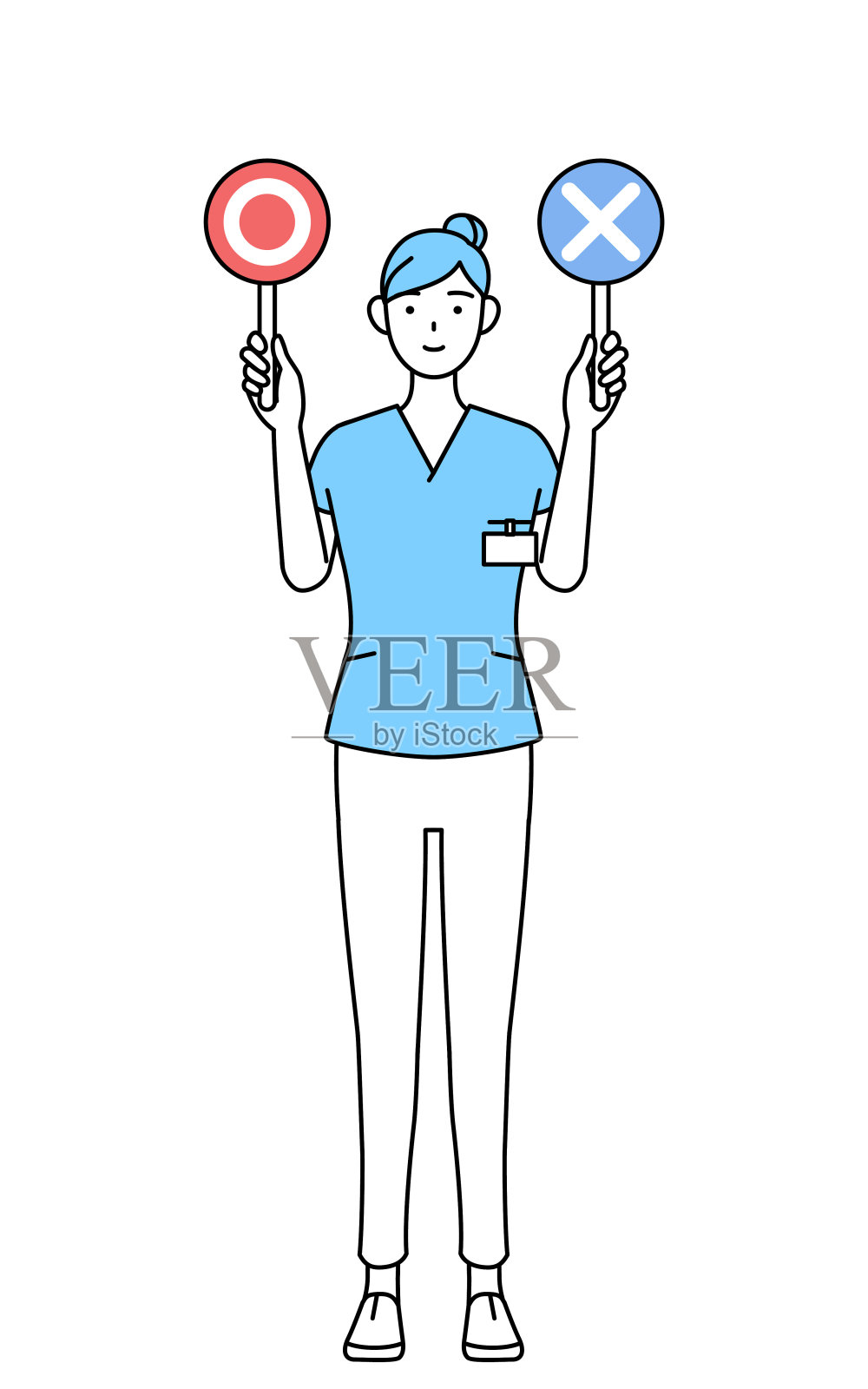 女护士，物理治疗师，职业治疗师，语言治疗师，护士助理，穿着制服，举着指示正确和错误答案的牌子。插画图片素材