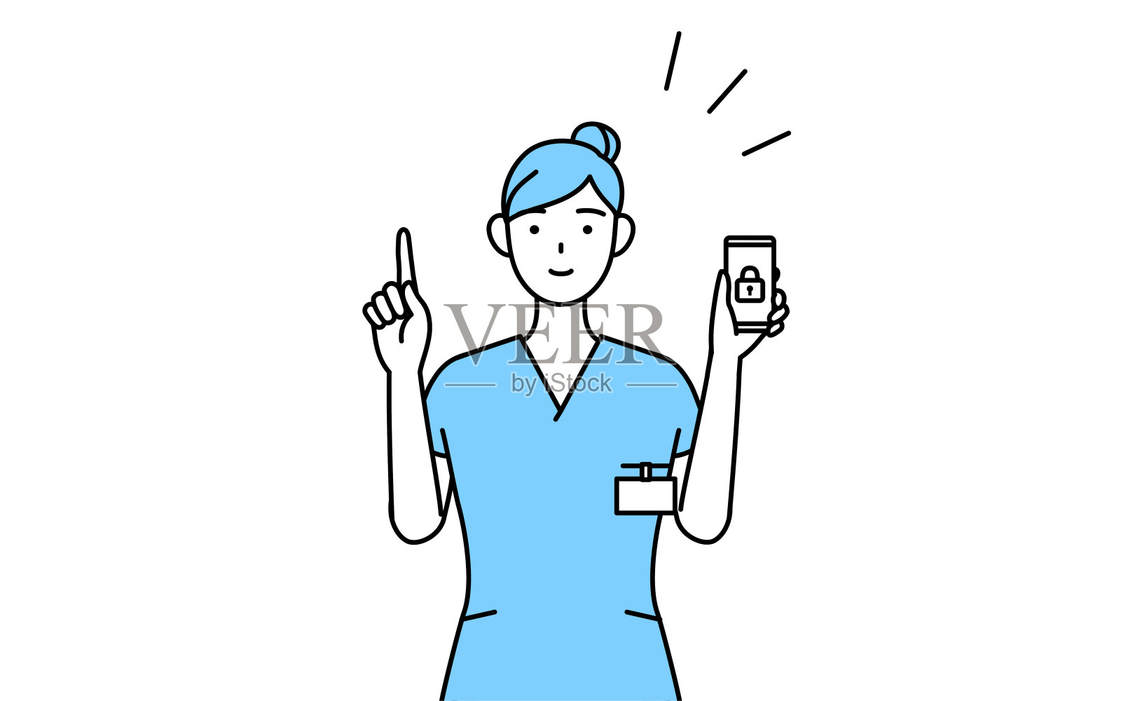 女护士，物理治疗师，职业治疗师，语言治疗师，穿着制服的护士助理在为她的手机采取安全措施。插画图片素材