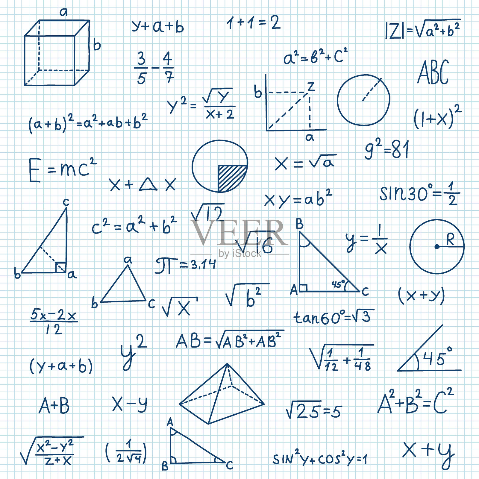 手绘数学符号图标在平面风格孤立背景上的数学公式矢量插图学校教育