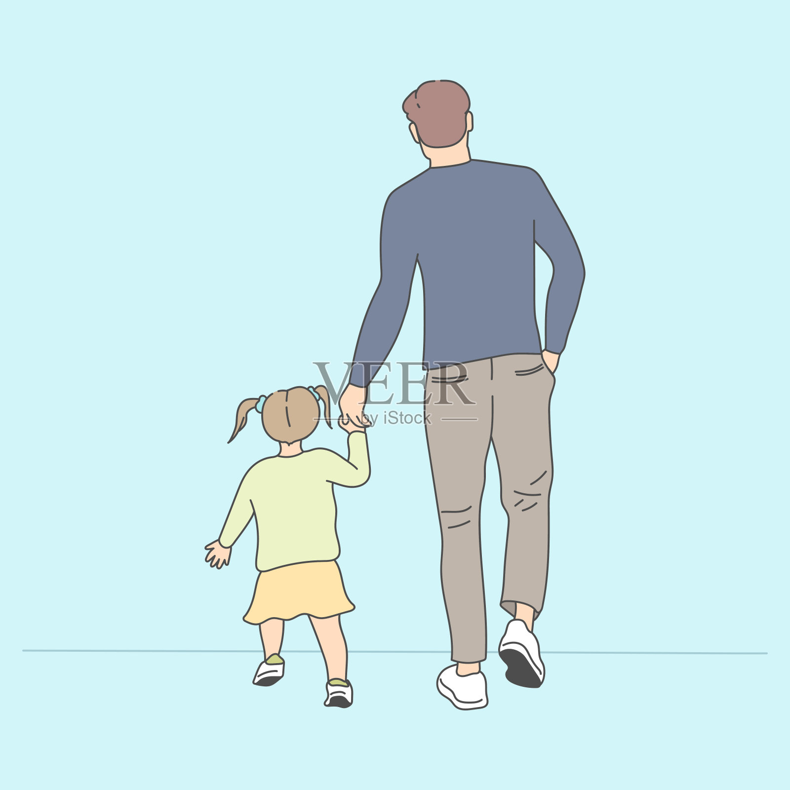 父亲牵着孩子的手走路。父女。父亲节主题。矢量艺术插画图片素材