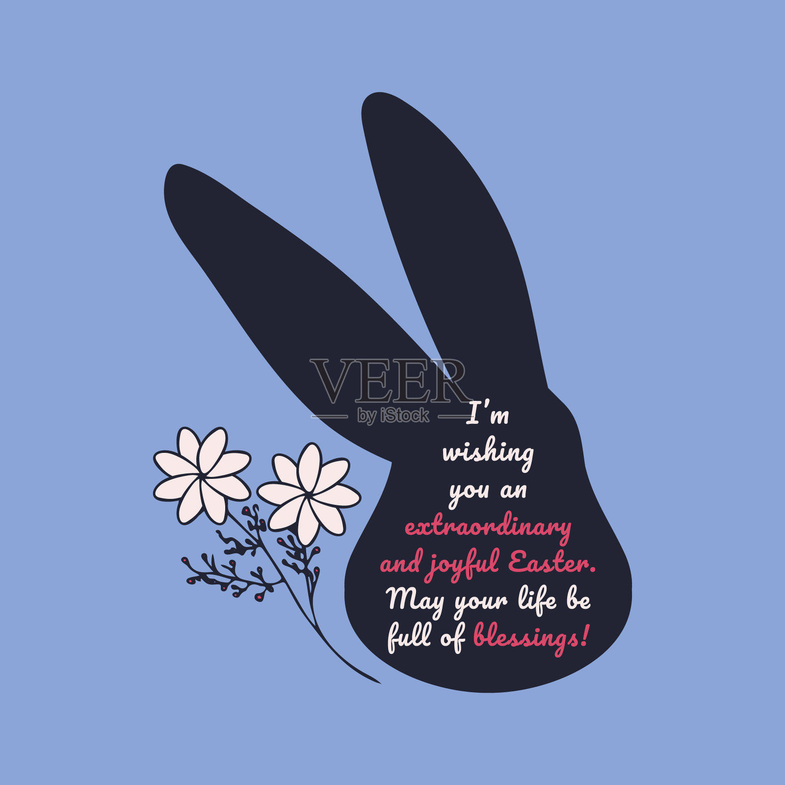 复活节的愿望写在兔子的黑色剪影。白花和复活节兔子。手写的。贺卡插画图片素材