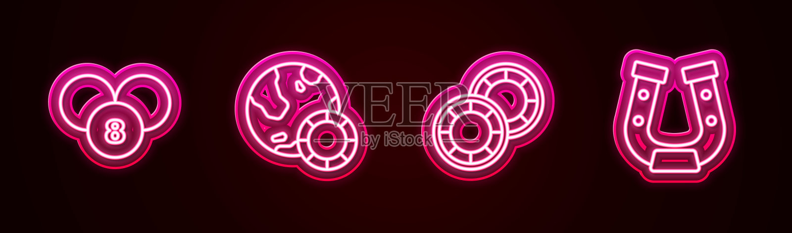 设置线彩票球宾果卡，赌场筹码，和马蹄铁。发光的霓虹灯图标。向量插画图片素材