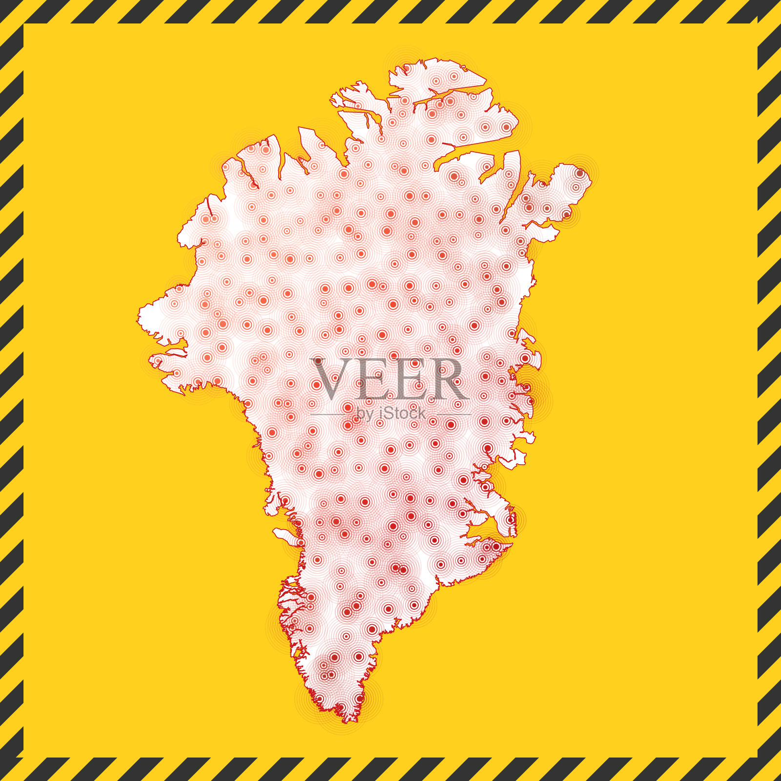 格陵兰岛关闭-病毒危险信号。锁定国家图标。带有病毒传播概念的地图周围的黑色条纹边界。矢量插图。插画图片素材