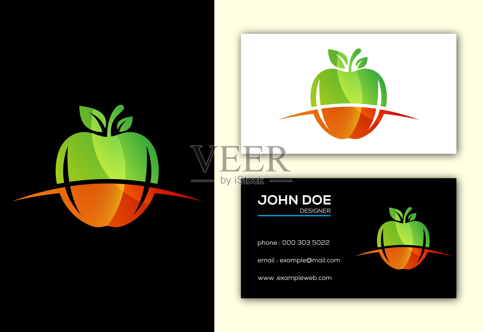 抽象的苹果标志标志符号在白色和黑色背景上的平面风格插画图片素材