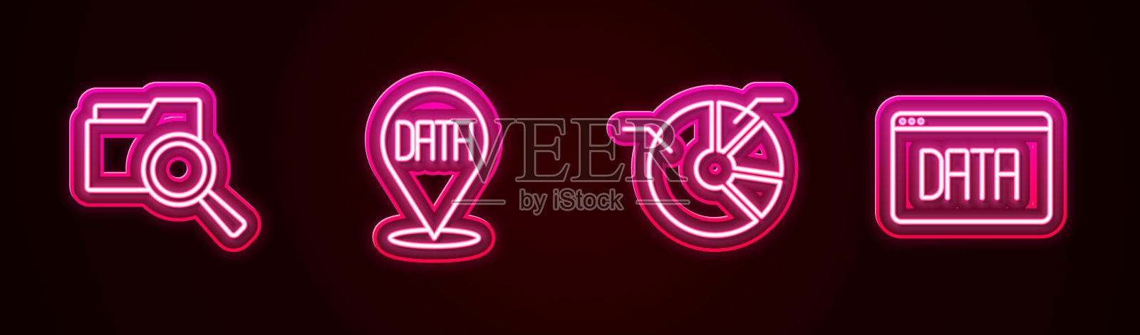 设置线搜索文件夹，数据分析，饼图信息图和。发光的霓虹灯图标。向量图标素材