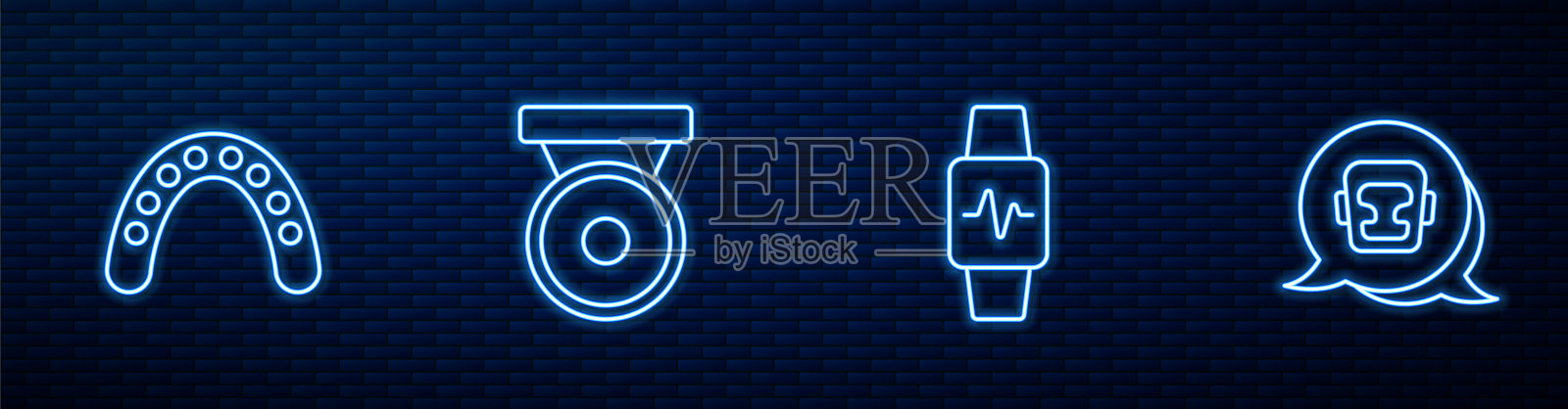 套装线智能手表与心脏，口护拳击手，拳锣和头盔。砖墙上发光的霓虹灯图标。向量插画图片素材