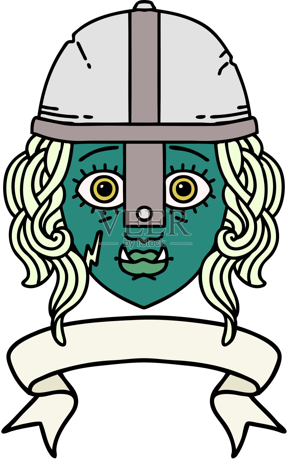 复古纹身风格的兽人战士人物脸与旗帜插画图片素材