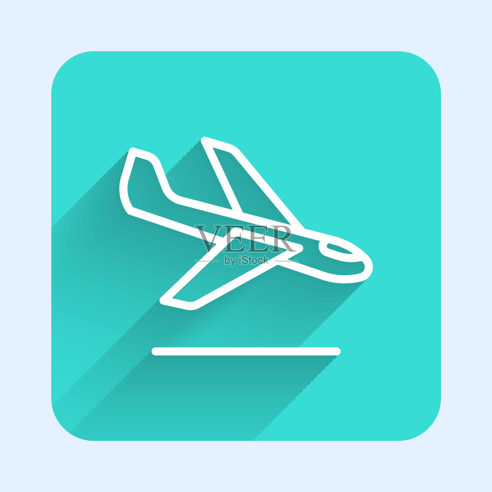 白线飞机着陆图标隔离与长阴影背景。飞机运输符号。绿色方形按钮。向量图标素材