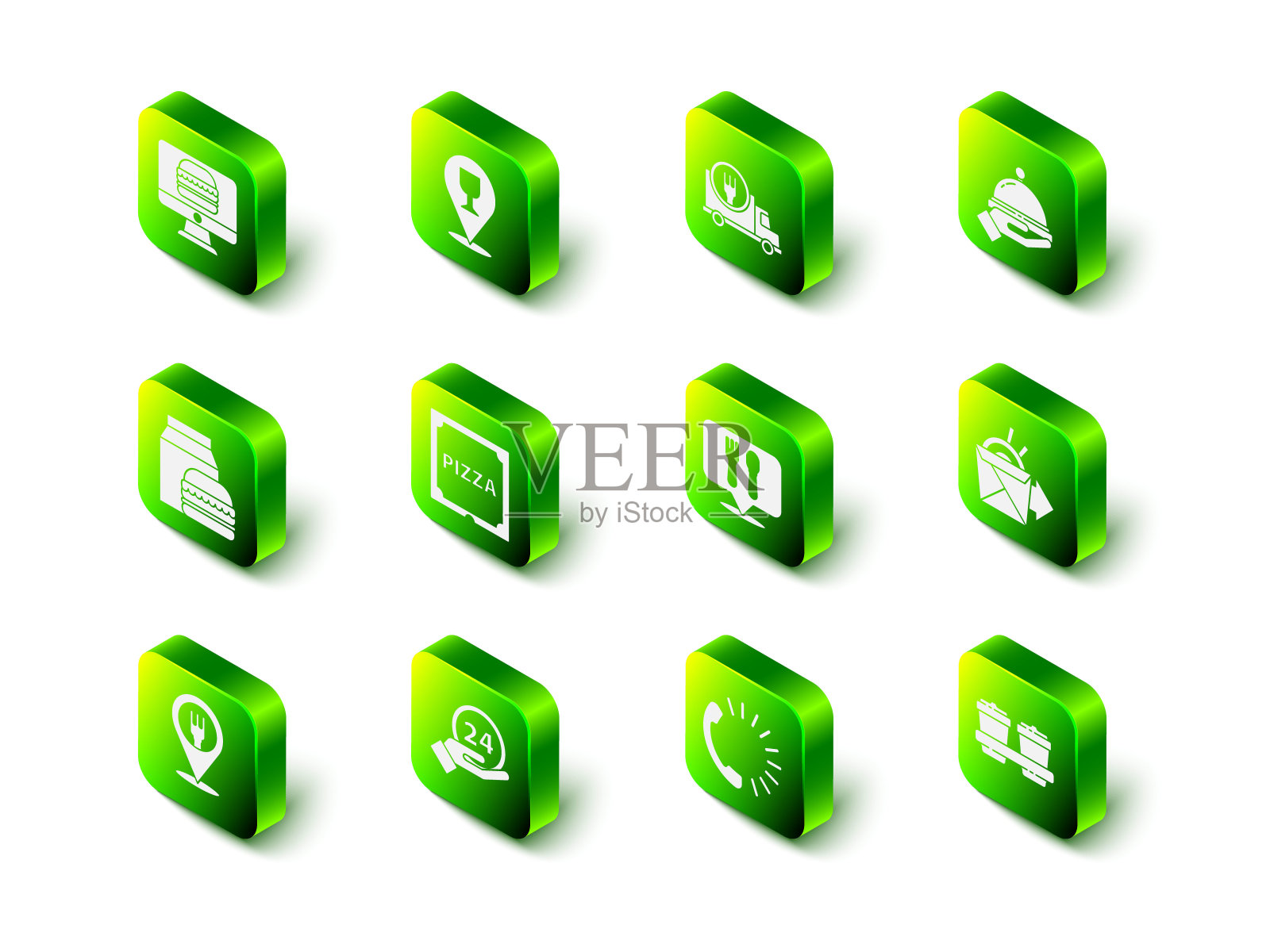 设置酒精或啤酒酒吧位置，快速送货，覆盖托盘的食物，网上订购面条，咖啡杯去，咖啡馆和餐厅，食物和时钟24小时图标。向量图标素材