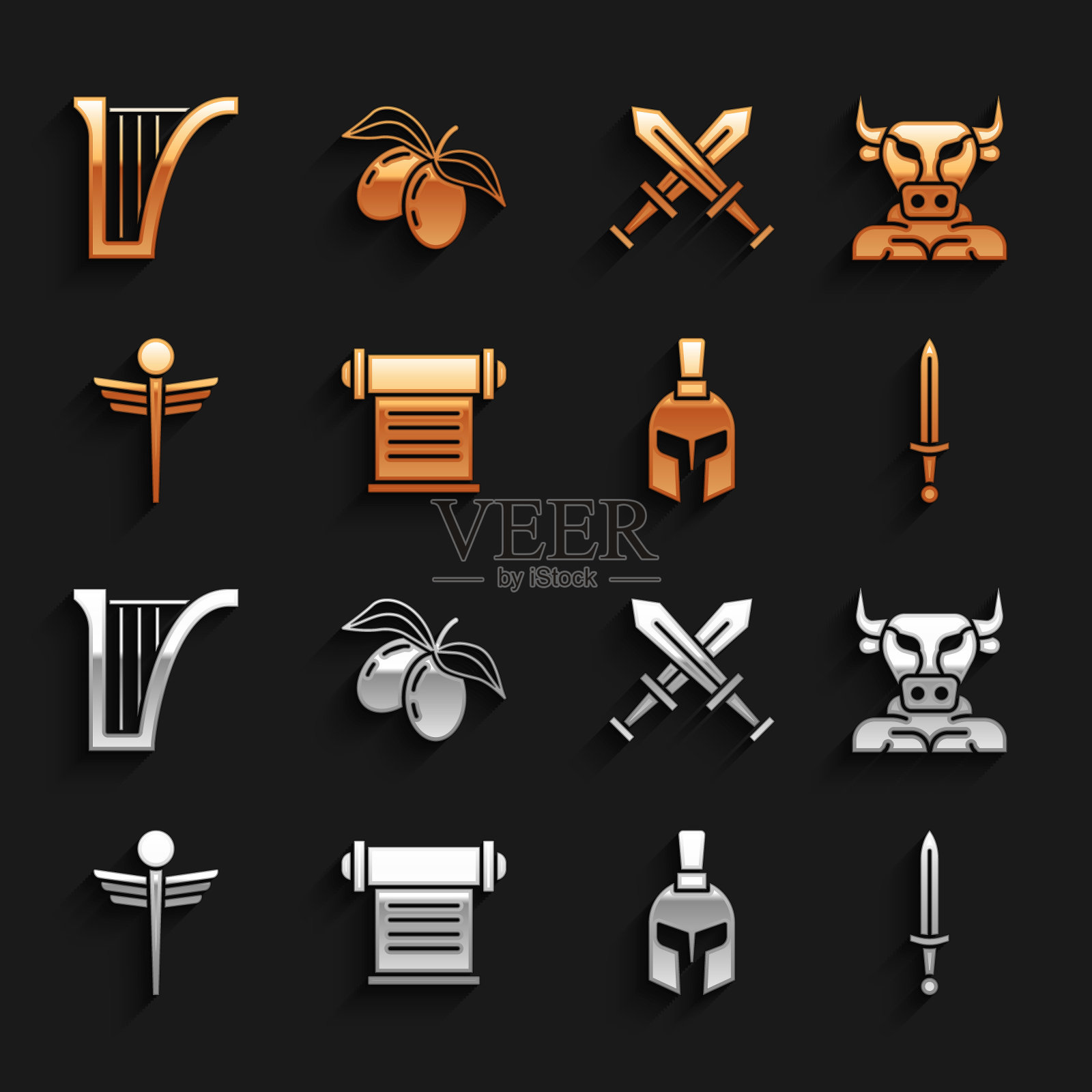 集法令，羊皮纸，卷轴，牛头怪，中世纪剑，希腊头盔，卡德鲁斯蛇医疗，中世纪交叉，竖琴和橄榄树枝图标。向量图标素材