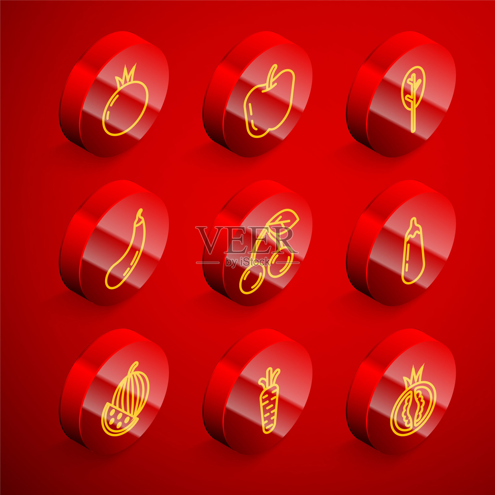 设置线番茄，苹果，菠菜，茄子，樱桃，西瓜和胡萝卜图标。向量图标素材