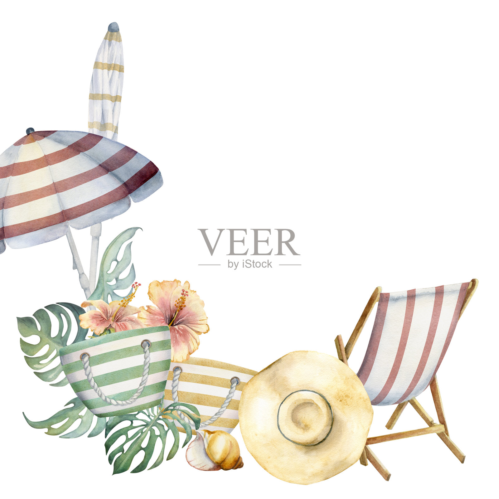 手绘水彩沙滩条纹配件包椅子伞。方形边框框架。孤立在白色背景上。设计墙面艺术，婚庆，印花，面料，封面，卡片，旅游，旅游小册子。插画图片素材