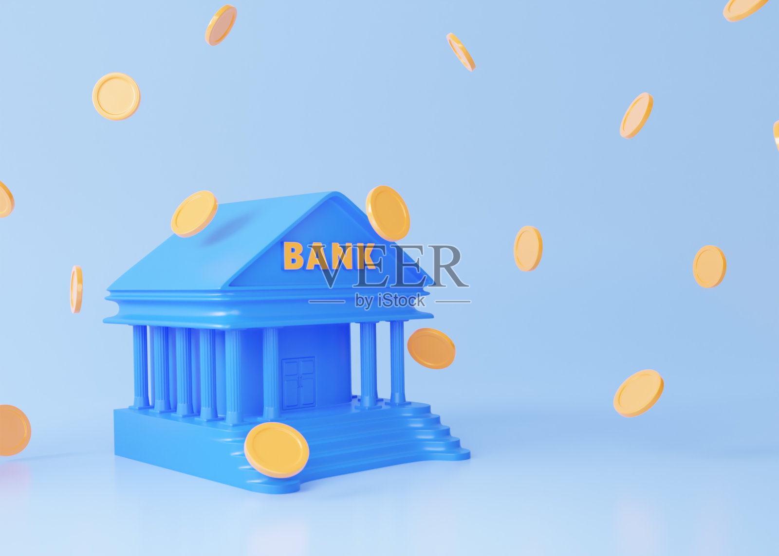3d蓝色银行建筑，浅蓝色背景上飞行的黄色硬币。存款，贷款，抵押，信用卡。三维渲染插图。照片摄影图片
