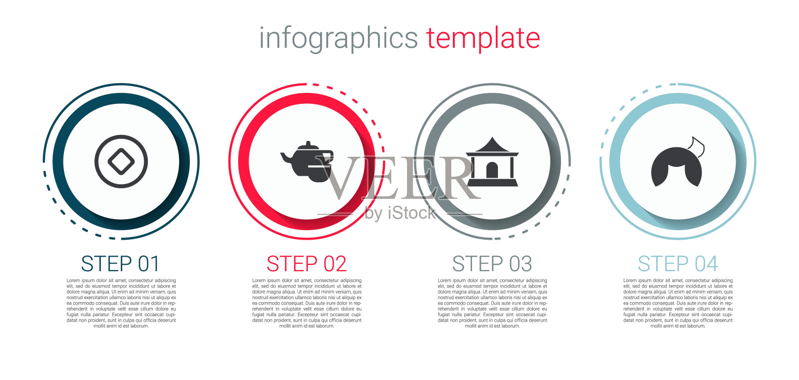 设置人民币、茶道、房子和幸运饼干。业务信息图模板。向量设计模板素材