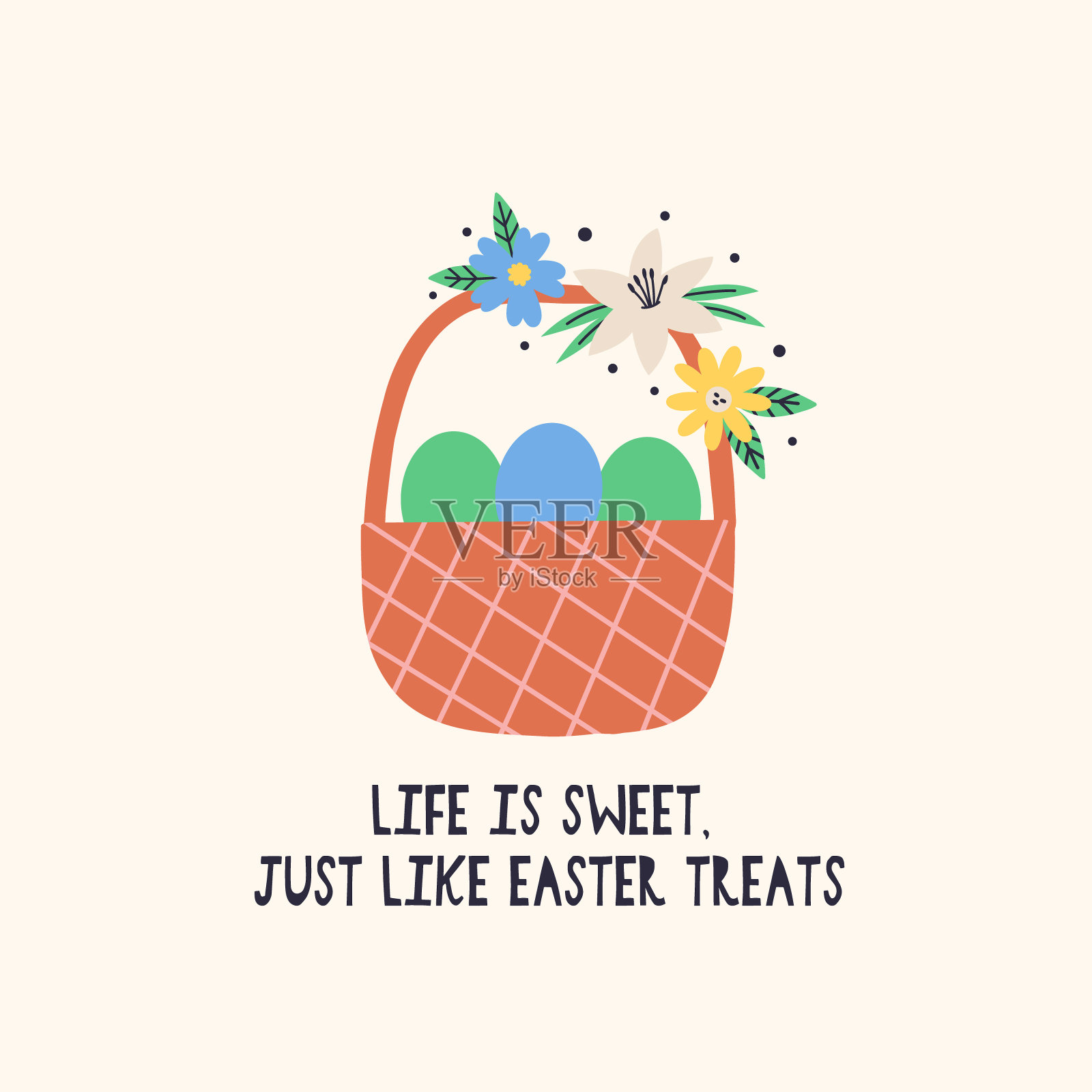 复活节篮子里有鸡蛋和春天的花朵插画图片素材