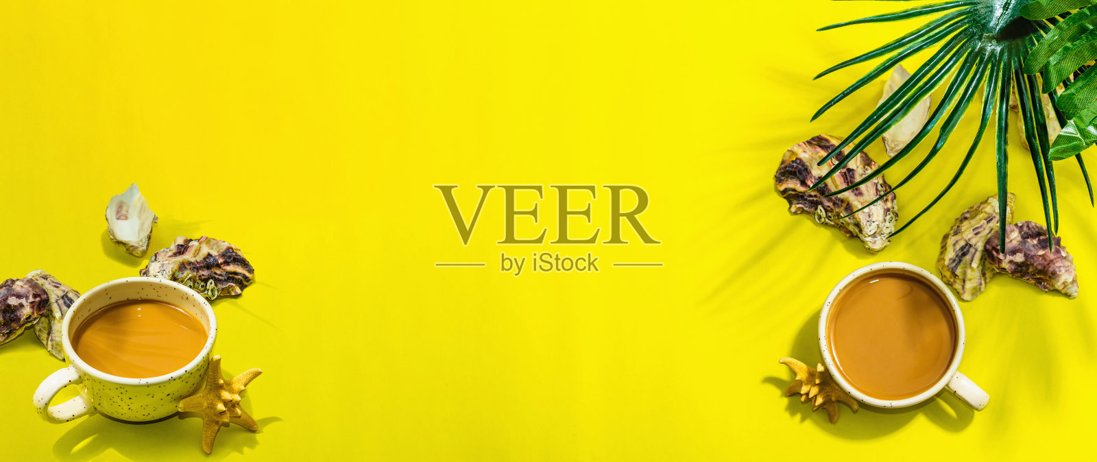 一杯海洋风格的咖啡。海星，牡蛎，棕榈叶。硬光，暗影照片摄影图片