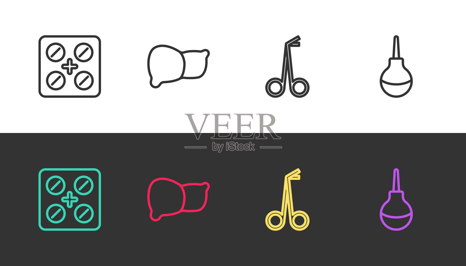 将线药丸装在水疱袋中，人体器官肝脏，医用剪刀和灌肠剂置于黑白胶片上。向量插画图片素材