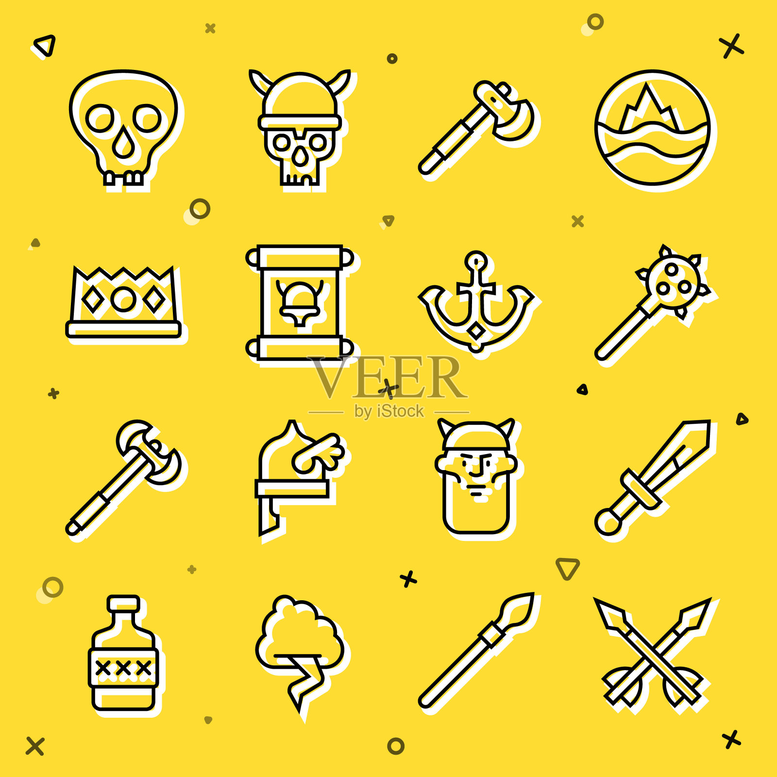 中世纪的箭，剑，钉钉的狼牙棒，木斧，法令，羊皮纸，卷轴，国王王冠，头骨和锚图标。向量图标素材