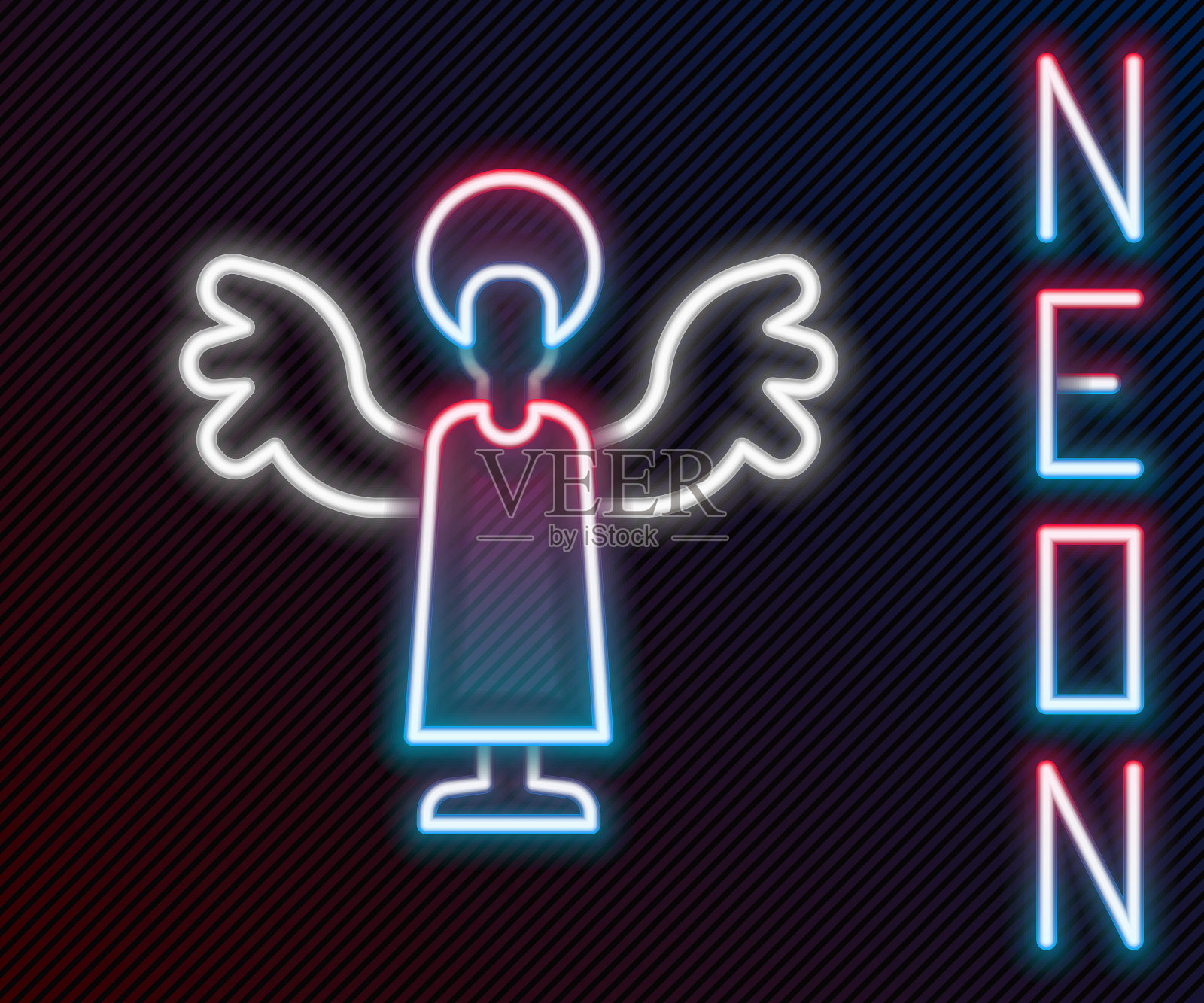 发光的霓虹灯线天使图标隔离在黑色背景上。彩色轮廓概念。向量插画图片素材