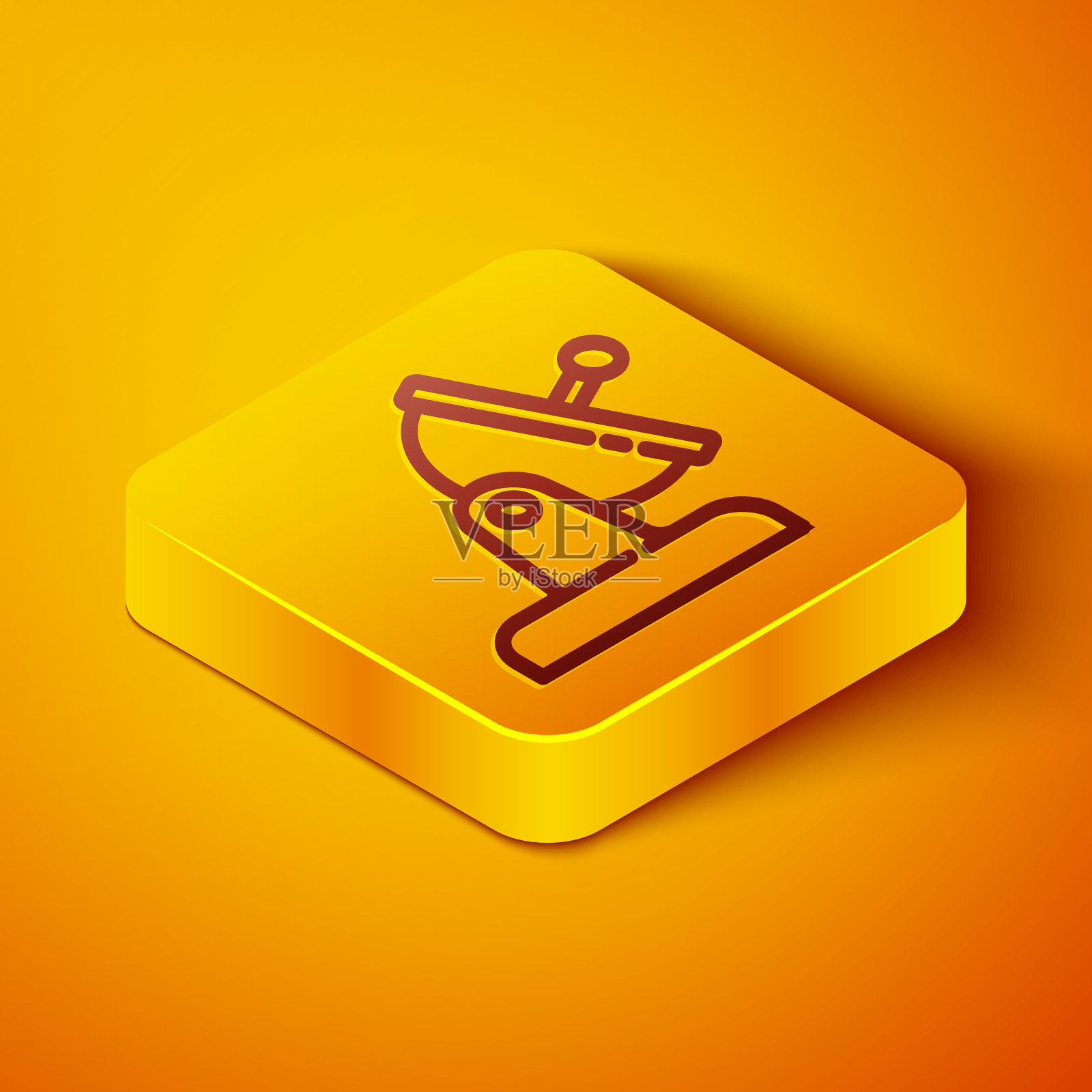 等距线卫星碟形图标隔离在橙色背景上。无线电天线，天文学和空间研究。黄色方形按钮。向量图标素材