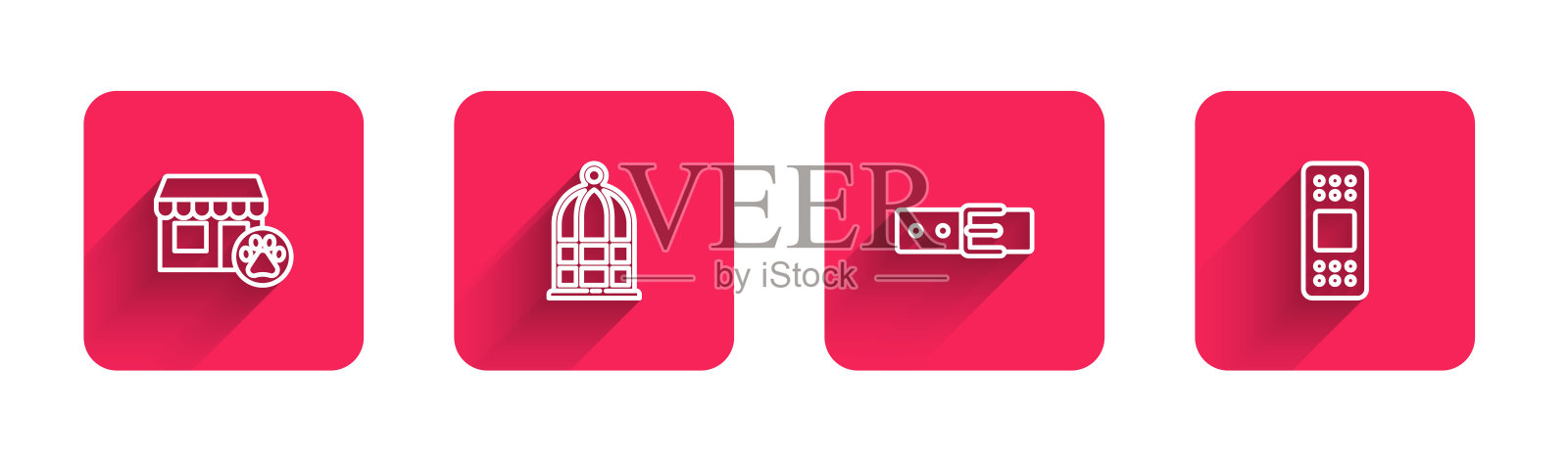 设线兽医院，鸟笼，带名牌的项圈，带长影的绷带。红色方块按钮。向量插画图片素材