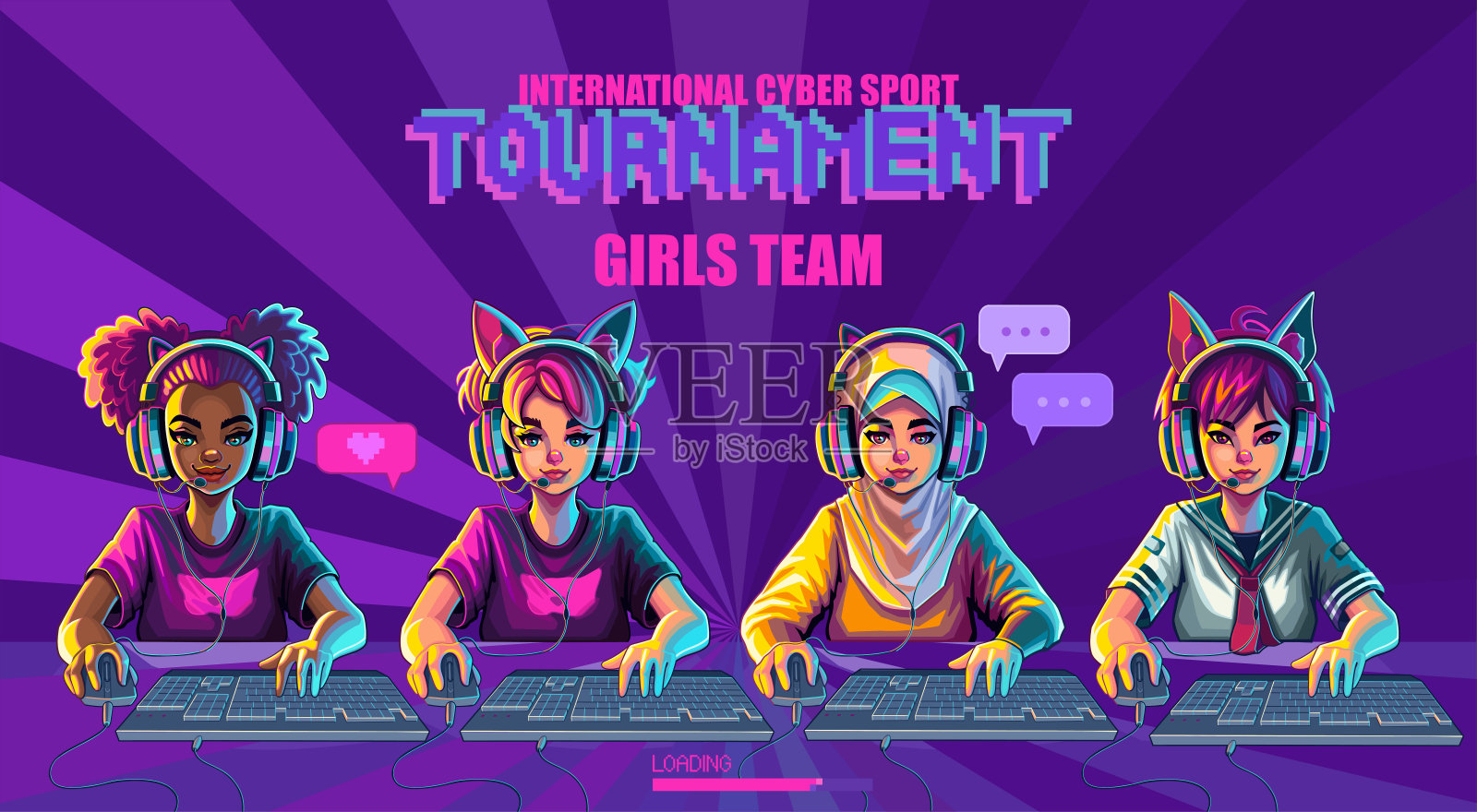 不同的团队的女孩游戏玩家或带猫耳朵耳机坐在电脑前插画图片素材