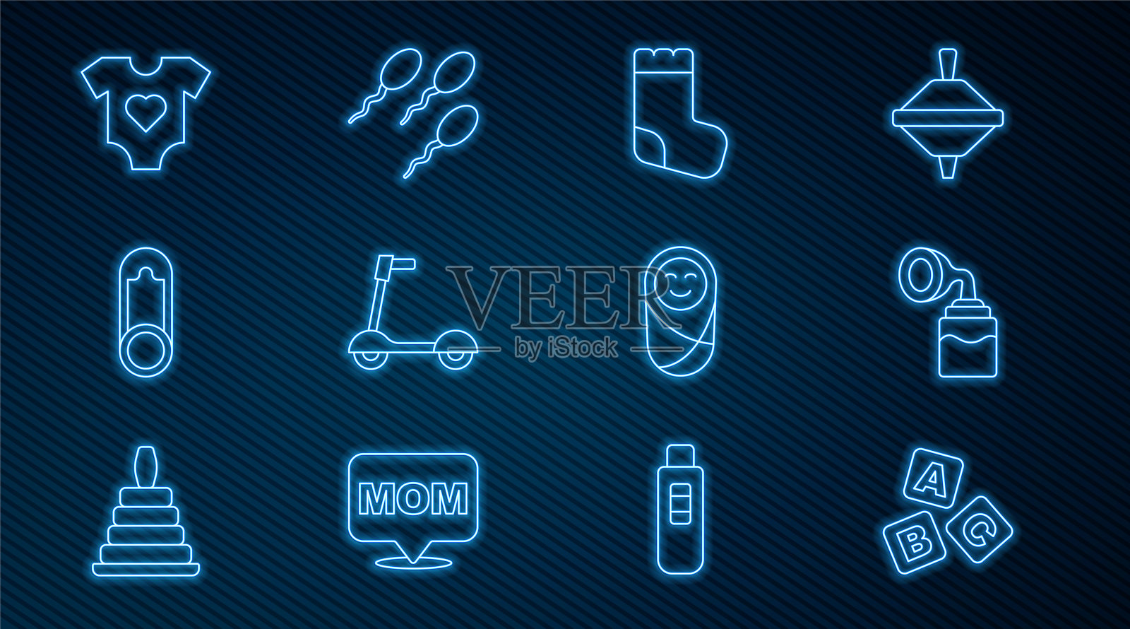 集线ABC积木，吸奶器，婴儿袜子，滑板车，衣服别针，新生儿婴儿襁褓和精子图标。向量插画图片素材