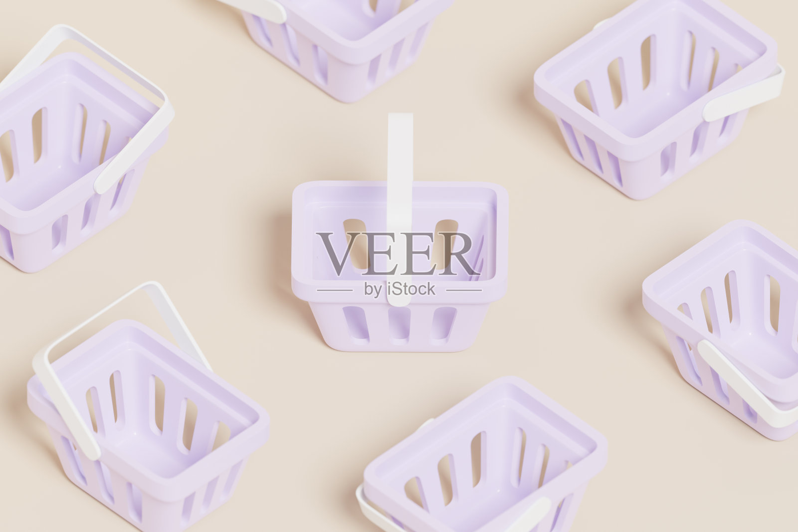 塑料购物车在粉彩背景，程式化的3d渲染。购物，消费主义，超市杂货概念照片摄影图片