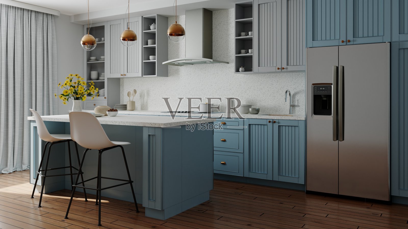 蓝色厨房内部与岛。有白色台面的时尚厨房。舒适明亮的厨房，器具和电器。厨房的工作空间。三维动画照片摄影图片