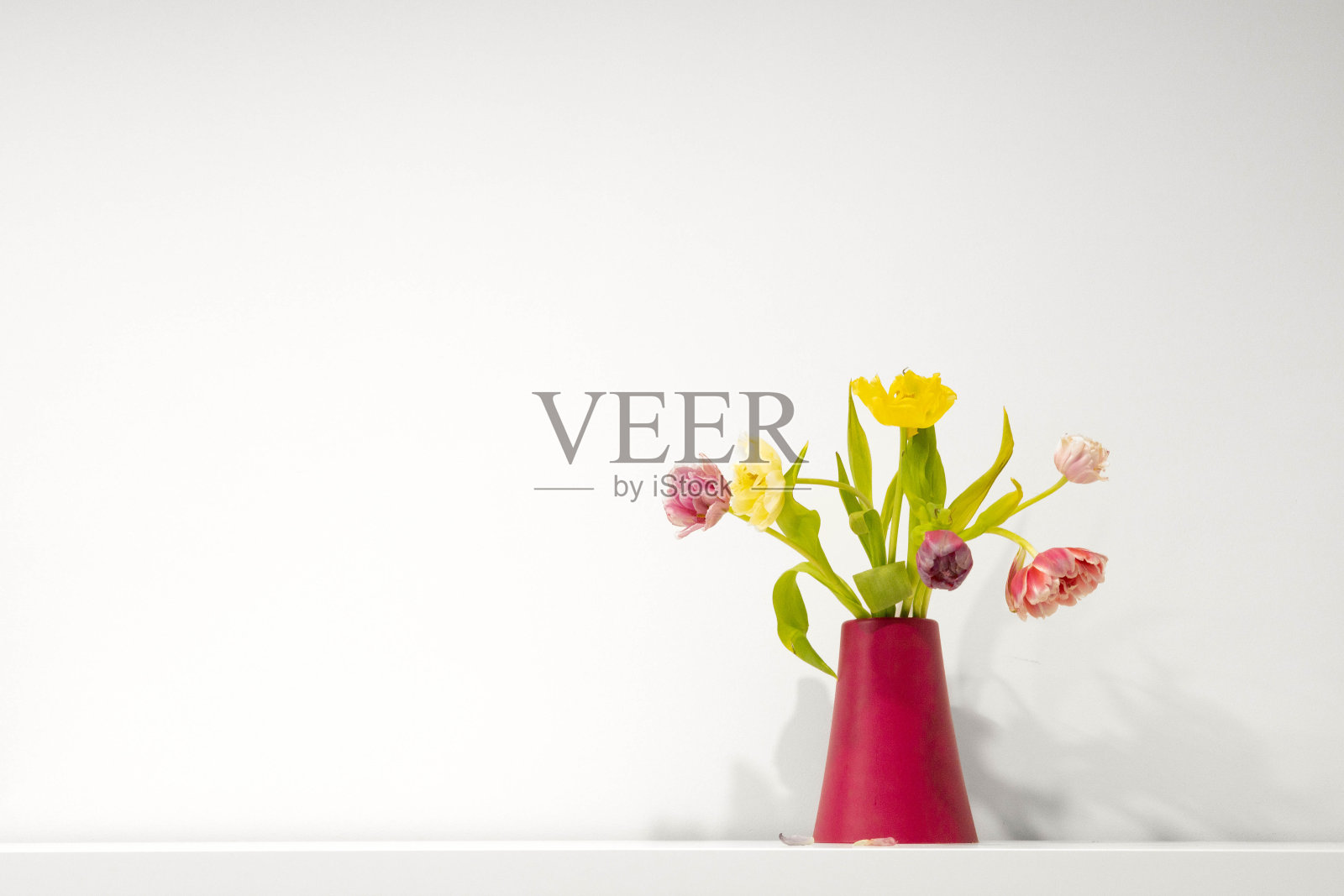 粉红色，紫丁香和黄色郁金香花捧花在品红花瓶极简主义摄影与一些文案空间和白色背景照片摄影图片