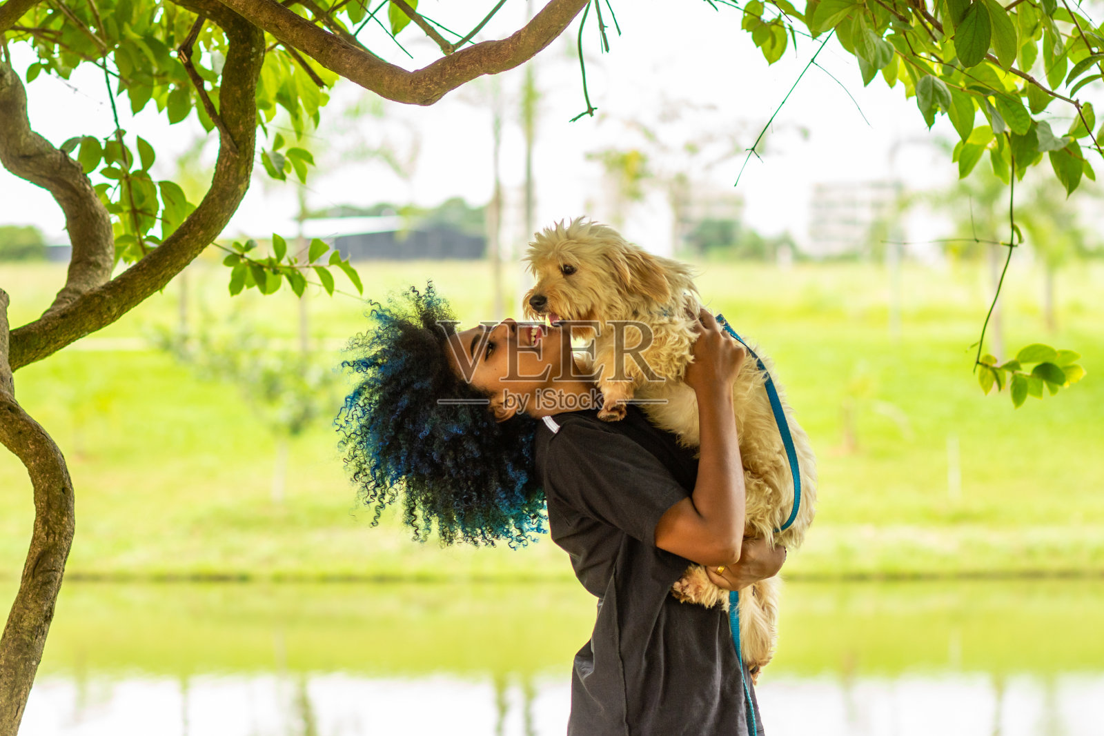 一个年轻的黑人妇女和她的狗。照片摄影图片
