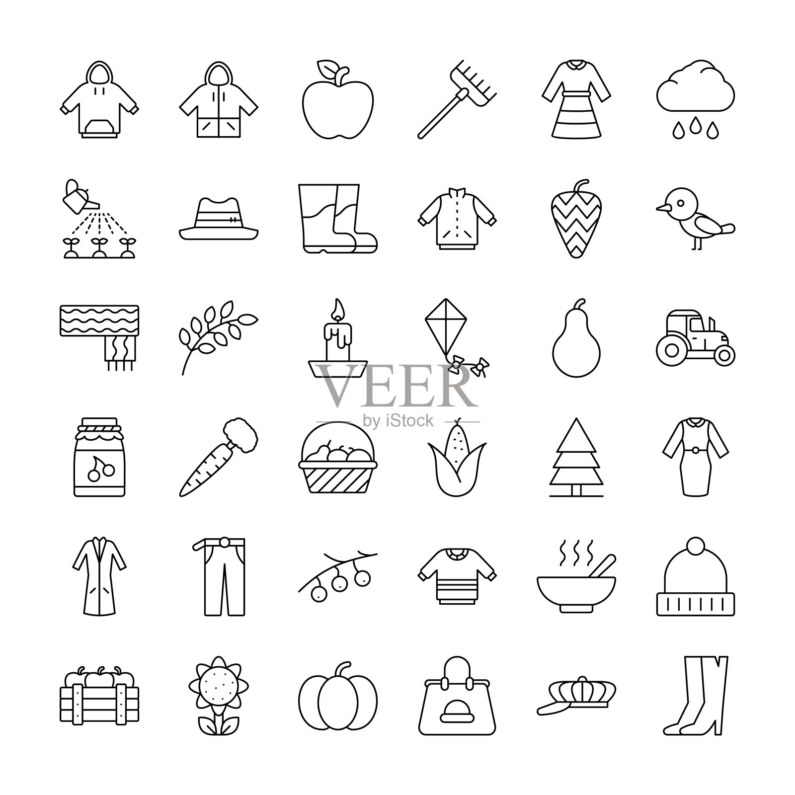 这幅矢量图像是描绘秋季主题的线性图标的集合。图标素材