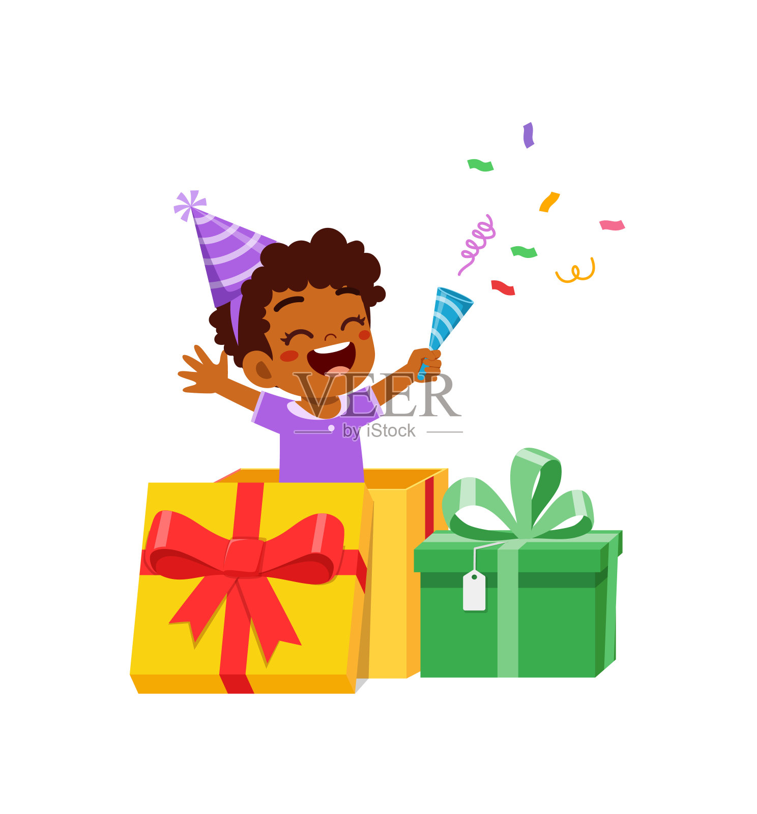 小孩子庆祝生日，在大礼品盒里玩耍插画图片素材