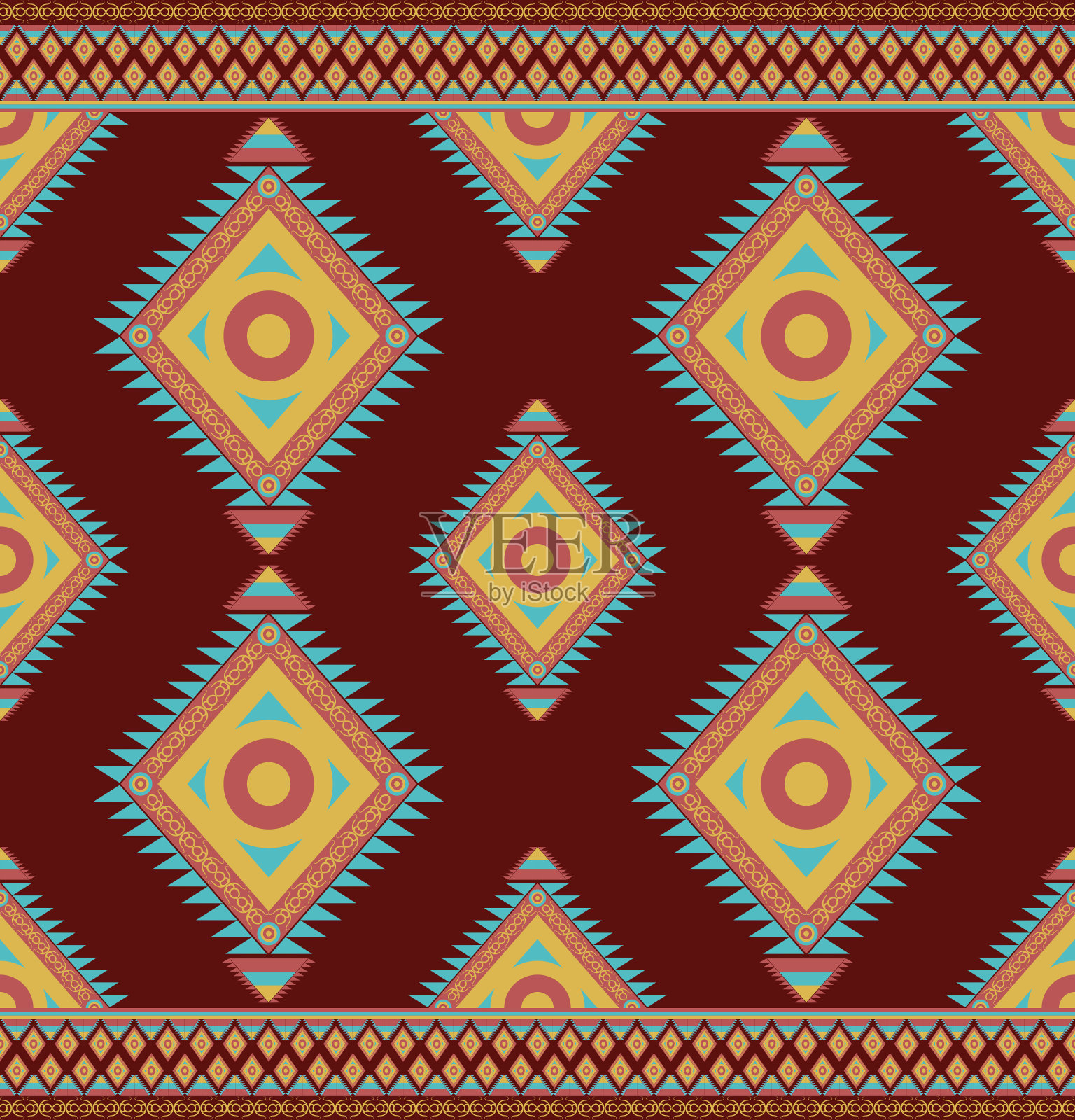 民族民间几何无缝图案有红、橙、青三种插画图片素材
